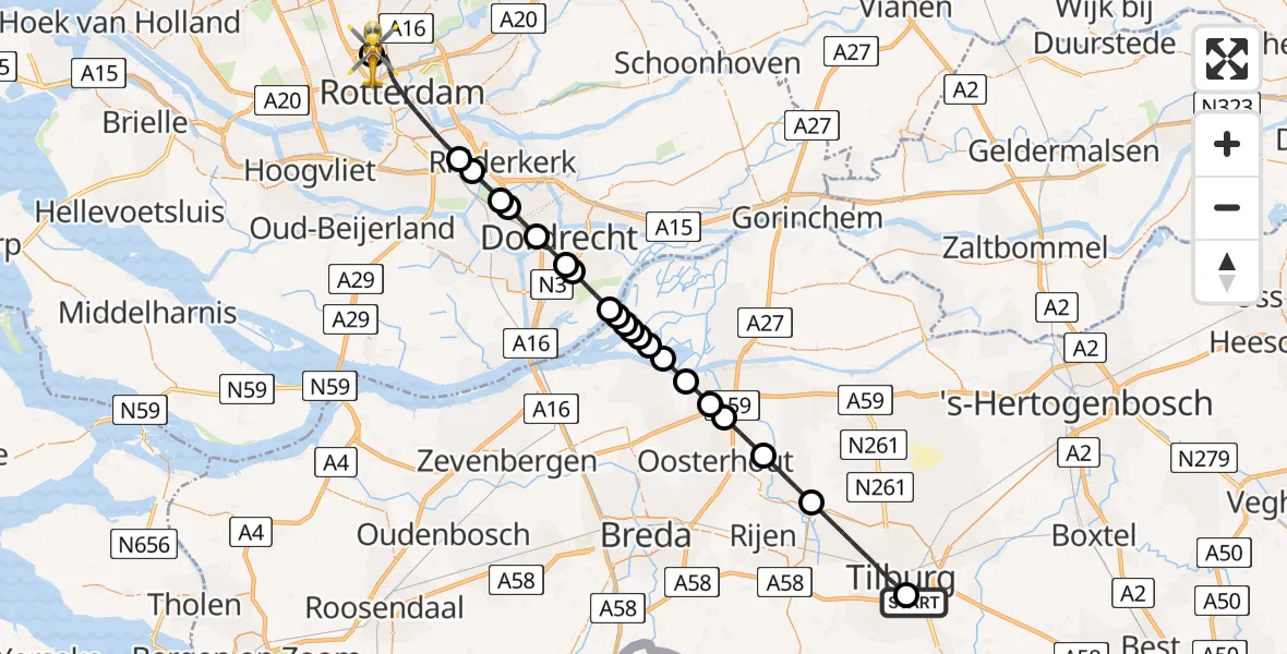Vluchtroute Traumahelikopter van St. Elisabeth Hospital Heliport naar Rotterdam The Hague Airport