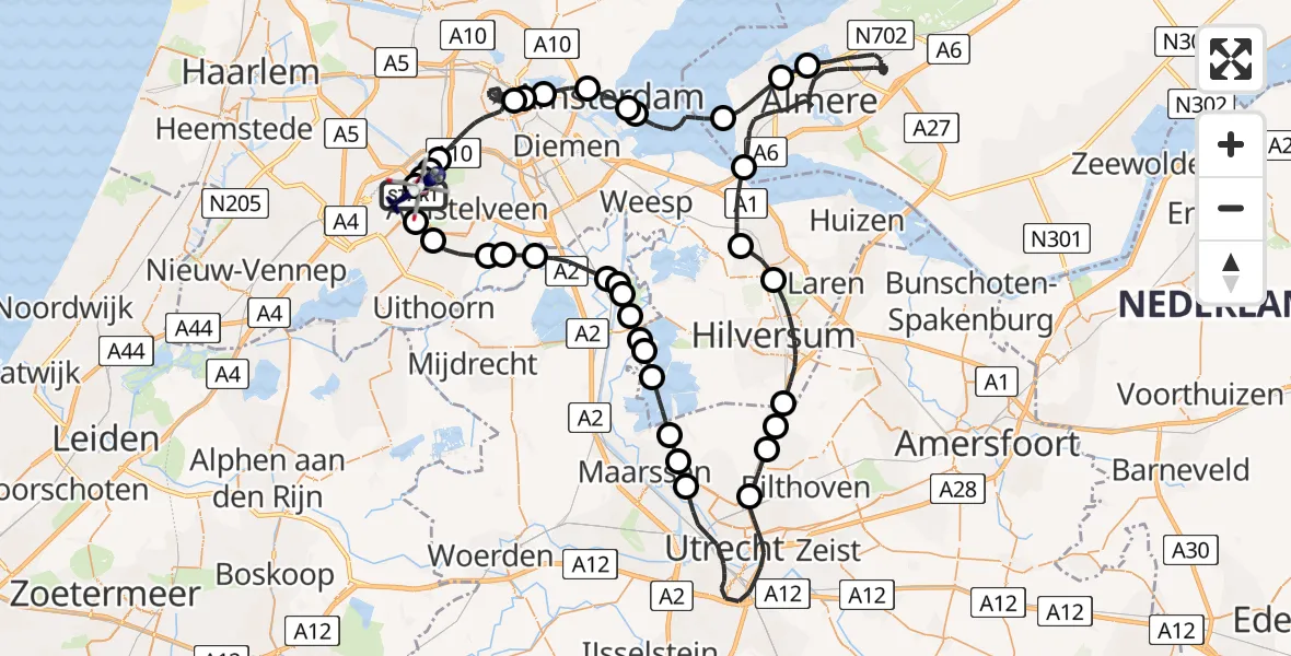 Vluchtroute Politiehelikopter van Amsterdam Vliegveld Schiphol naar Amsterdam Vliegveld Schiphol