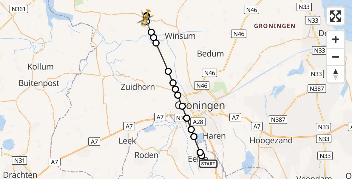 Vluchtroute Traumahelikopter van Groningen Airport Eelde naar Wehe-den Hoorn
