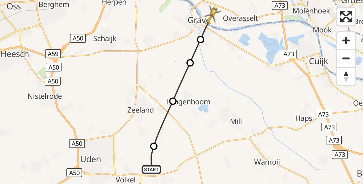 Vluchtroute Traumahelikopter van Vliegbasis Volkel naar Nederasselt
