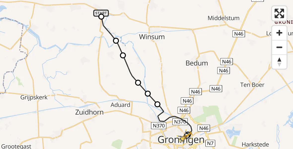 Vluchtroute Traumahelikopter van Wehe-den Hoorn naar Universitair Medisch Centrum Groningen