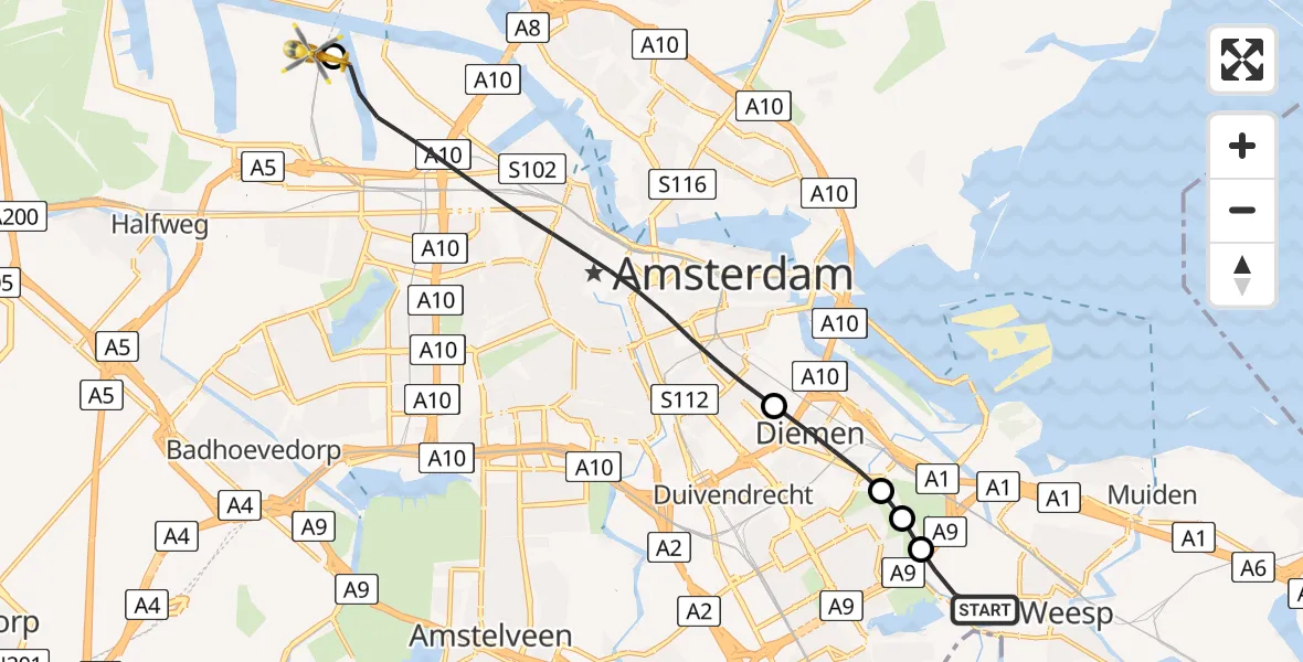 Vluchtroute Traumahelikopter van Driemond naar Amsterdam Heliport