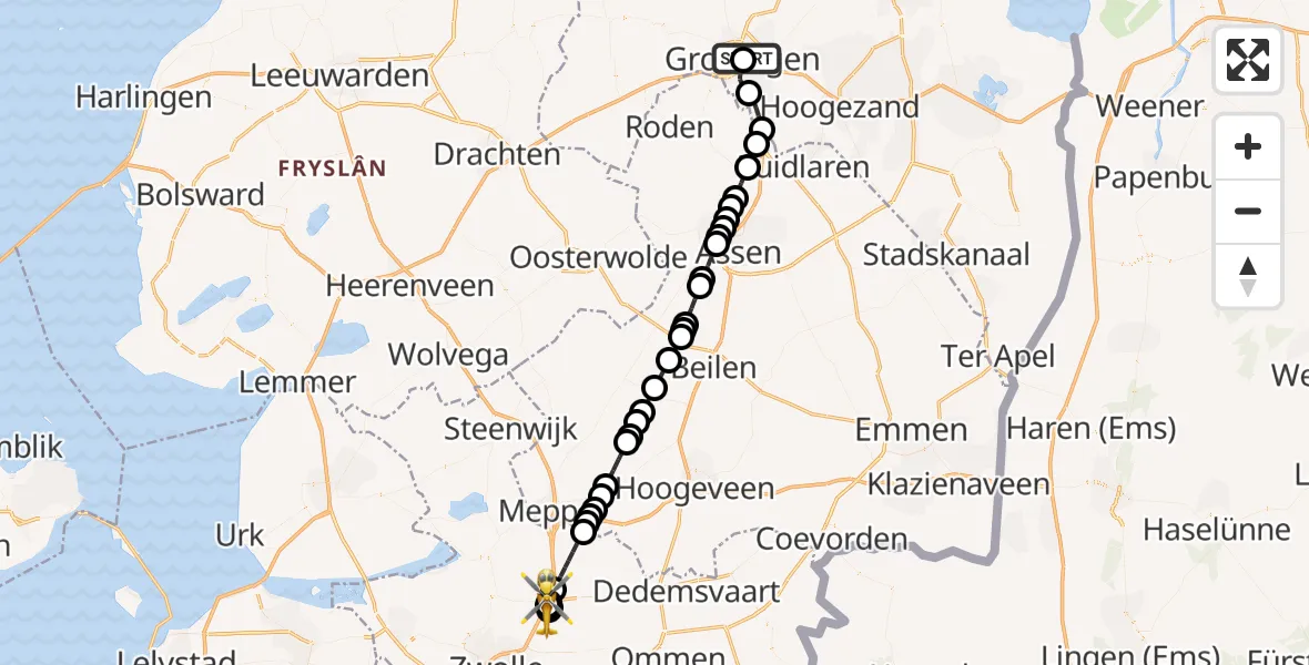 Vluchtroute Traumahelikopter van Universitair Medisch Centrum Groningen naar De Koperen Hoogte Helipad