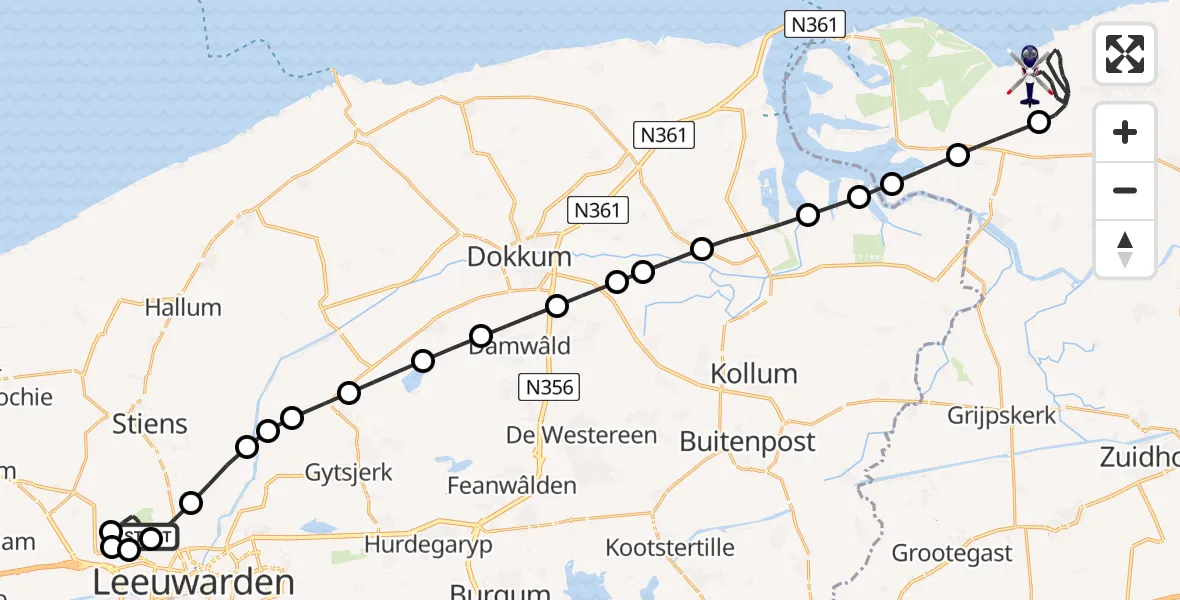 Vluchtroute Politiehelikopter van Vliegbasis Leeuwarden naar Hornhuizen
