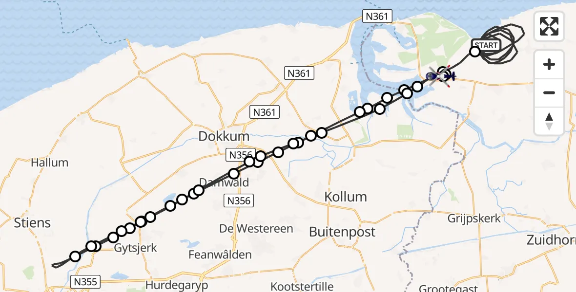 Vluchtroute Politiehelikopter van Hornhuizen naar Lauwersoog