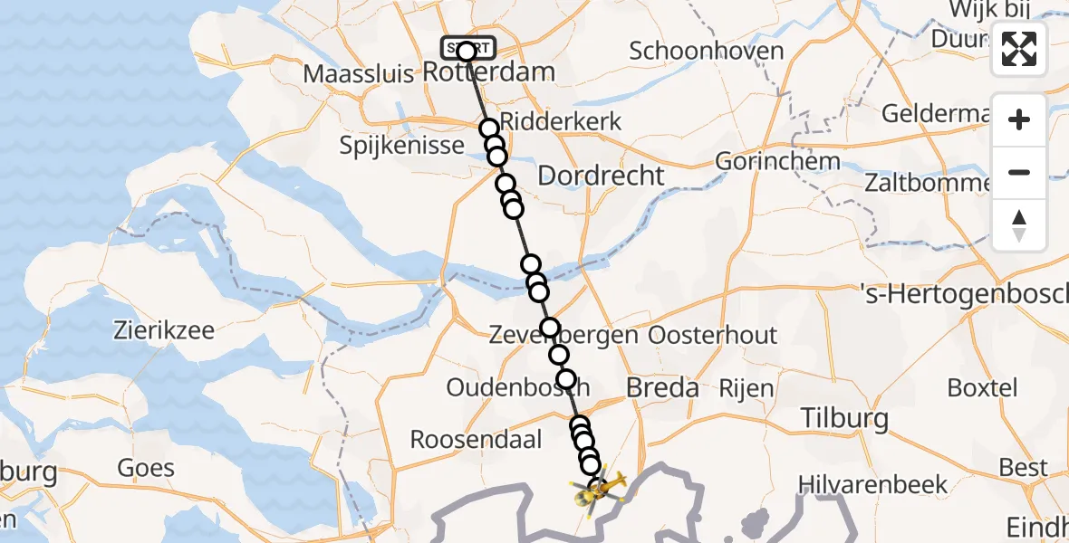 Vluchtroute Traumahelikopter van Rotterdam The Hague Airport naar Zundert