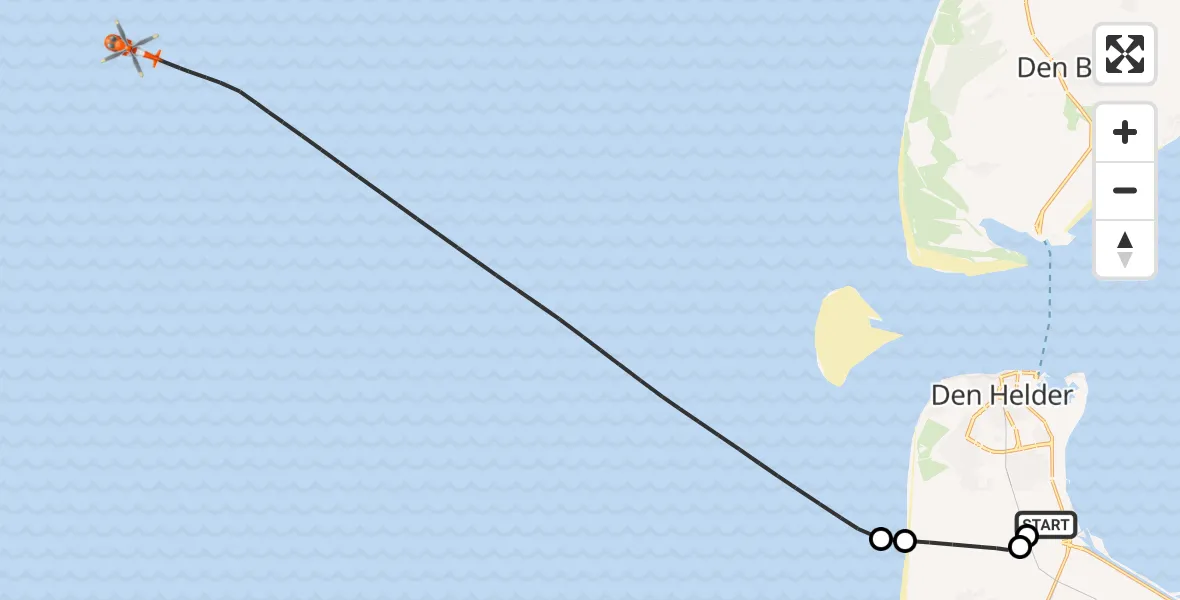 Vluchtroute Kustwachthelikopter van Militair vliegveld De Kooy / Den Helder Airport naar Noordzee