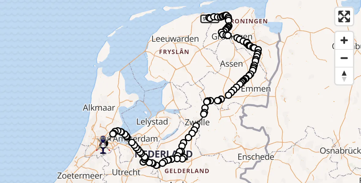 Vluchtroute Politiehelikopter van Lauwersoog naar Amsterdam Vliegveld Schiphol