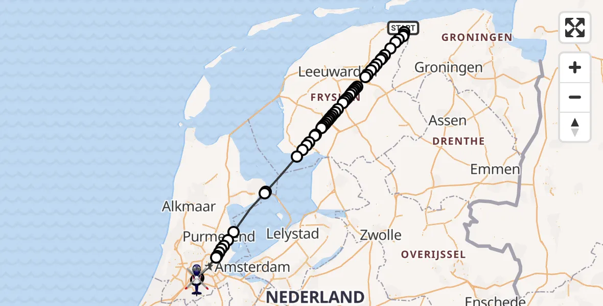 Vluchtroute Politiehelikopter van Lauwersoog naar Amsterdam Vliegveld Schiphol