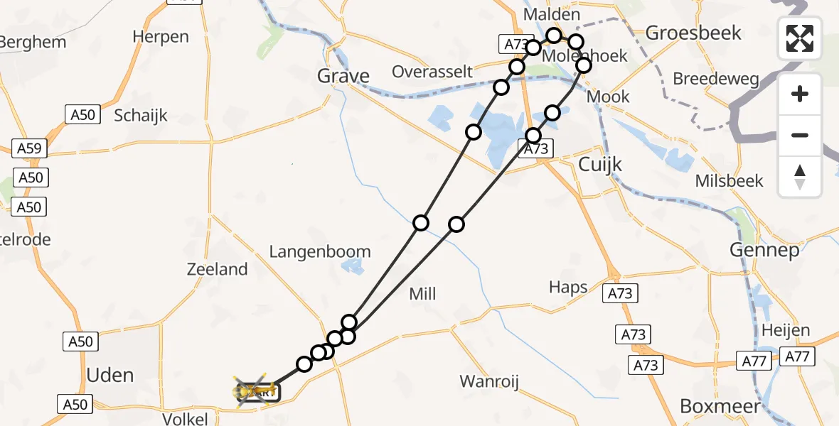 Vluchtroute Traumahelikopter van Vliegbasis Volkel naar Vliegbasis Volkel