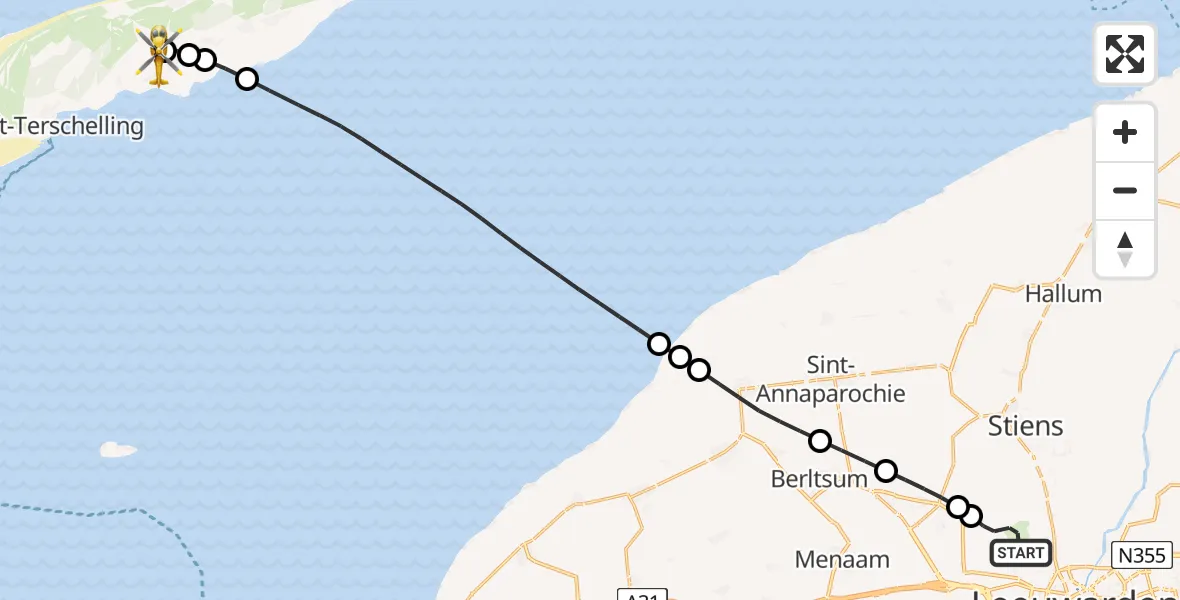 Vluchtroute Ambulancehelikopter van Vliegbasis Leeuwarden naar Terschelling Heliport