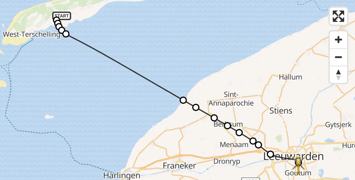 Vluchtroute Ambulancehelikopter van Terschelling Heliport naar Leeuwarden Medical Center Heliport