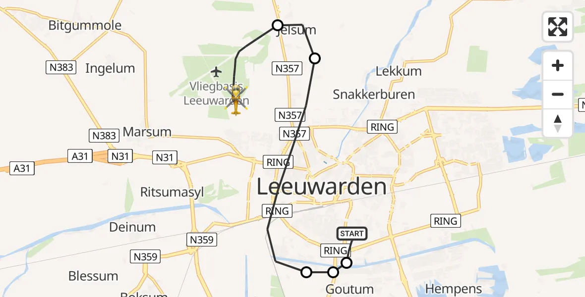 Vluchtroute Ambulancehelikopter van Leeuwarden Medical Center Heliport naar Vliegbasis Leeuwarden