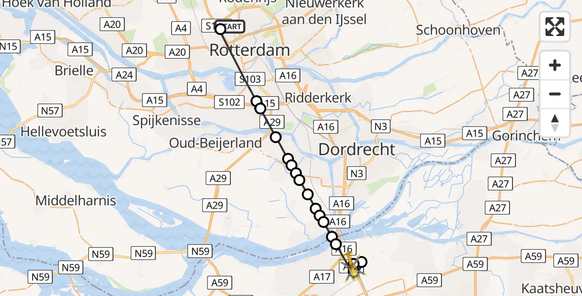 Vluchtroute Traumahelikopter van Rotterdam The Hague Airport naar Zevenbergschen Hoek