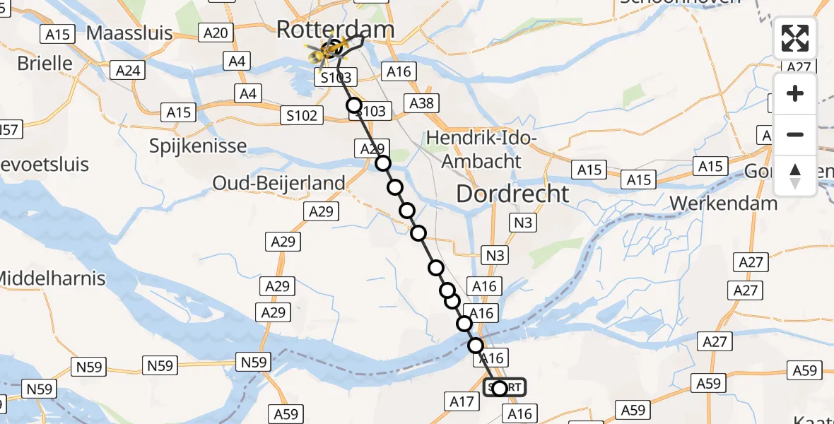 Vluchtroute Traumahelikopter van Zevenbergschen Hoek naar Leids Universitair Medisch Centrum (LUMC)