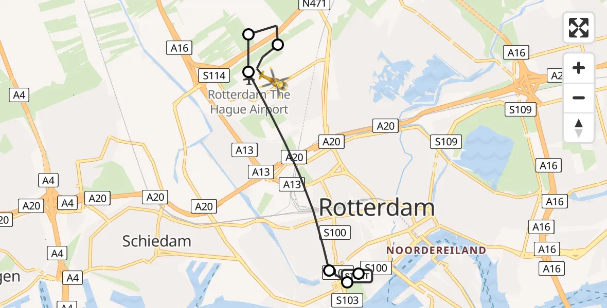 Vluchtroute Traumahelikopter van Leids Universitair Medisch Centrum (LUMC) naar Rotterdam The Hague Airport