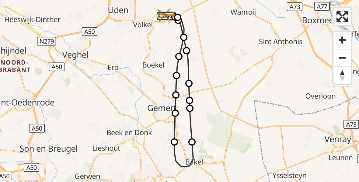 Vluchtroute Traumahelikopter van Vliegbasis Volkel naar Vliegbasis Volkel