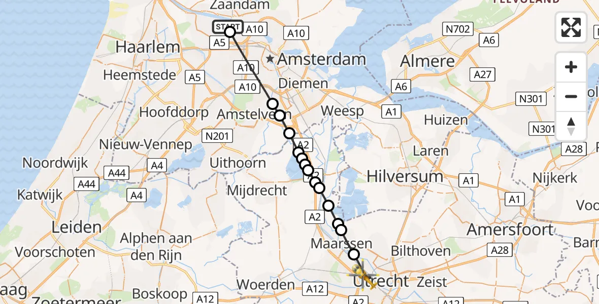 Vluchtroute Traumahelikopter van Amsterdam Heliport naar Utrecht