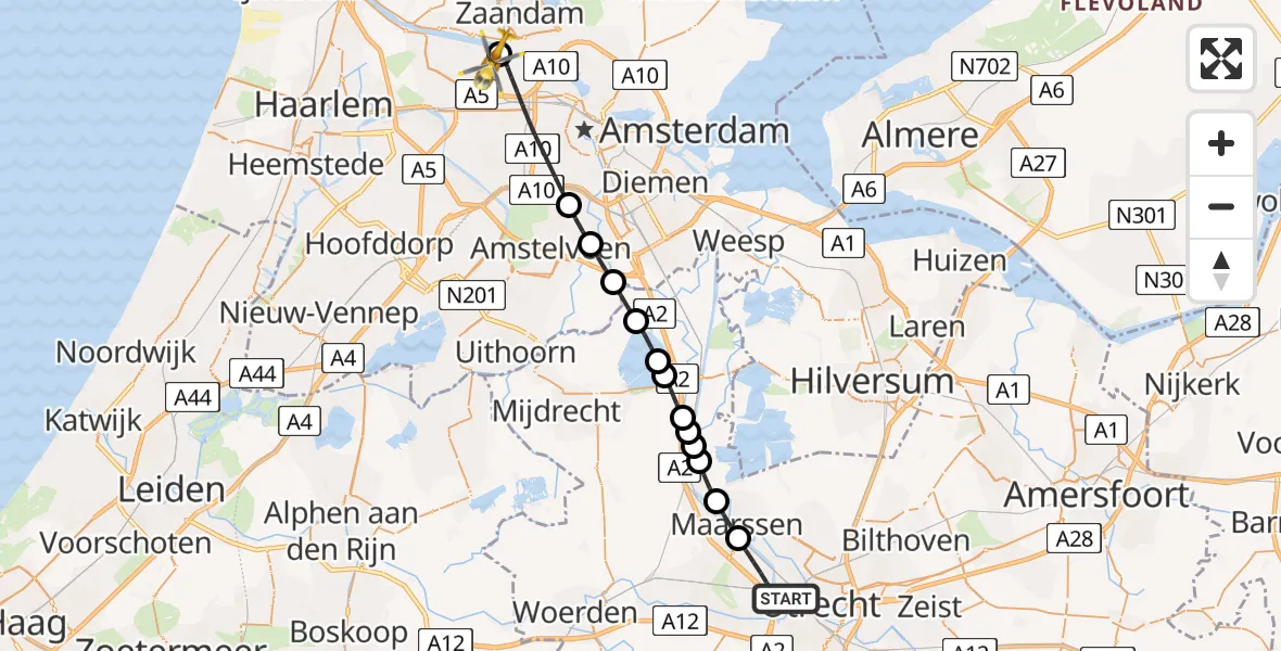 Vluchtroute Traumahelikopter van Utrecht naar Amsterdam Heliport