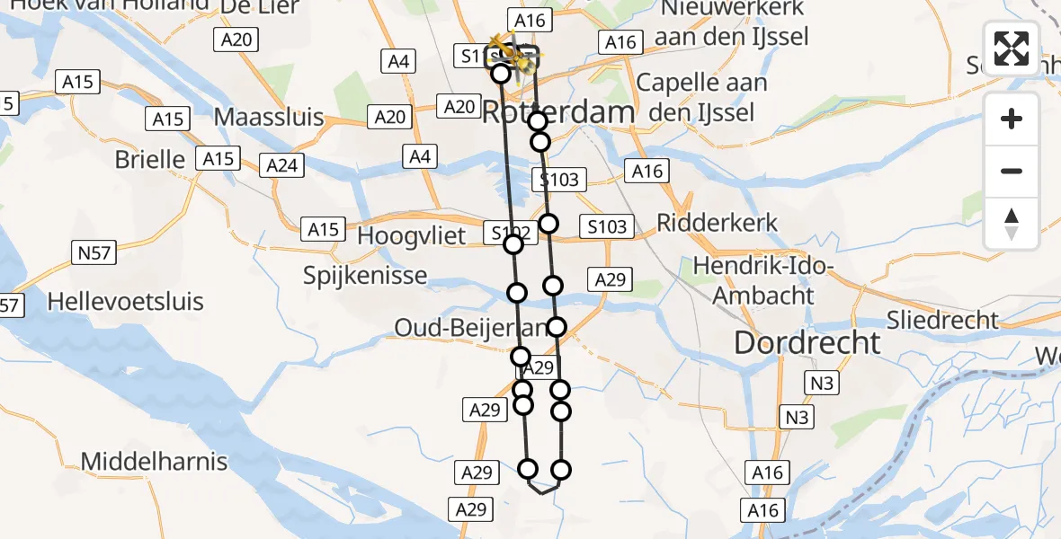 Vluchtroute Traumahelikopter van Rotterdam The Hague Airport naar Rotterdam The Hague Airport