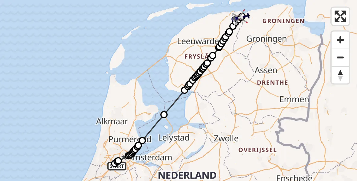 Vluchtroute Politiehelikopter van Amsterdam Vliegveld Schiphol naar Lauwersoog