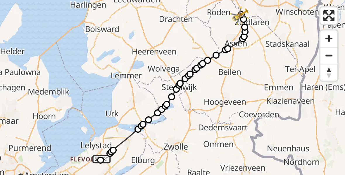 Vluchtroute Traumahelikopter van Lelystad Airport naar Eelde