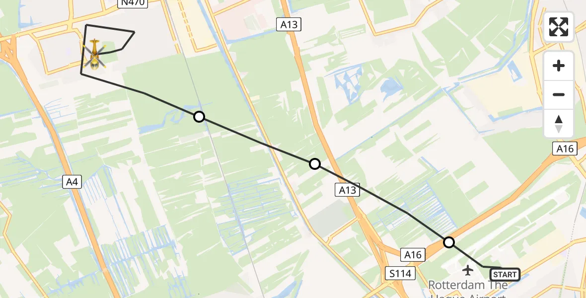 Vluchtroute Traumahelikopter van Rotterdam The Hague Airport naar Delft