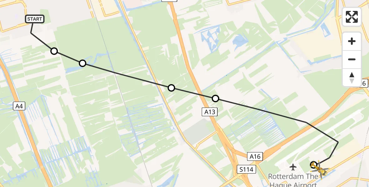Vluchtroute Traumahelikopter van Delft naar Rotterdam The Hague Airport