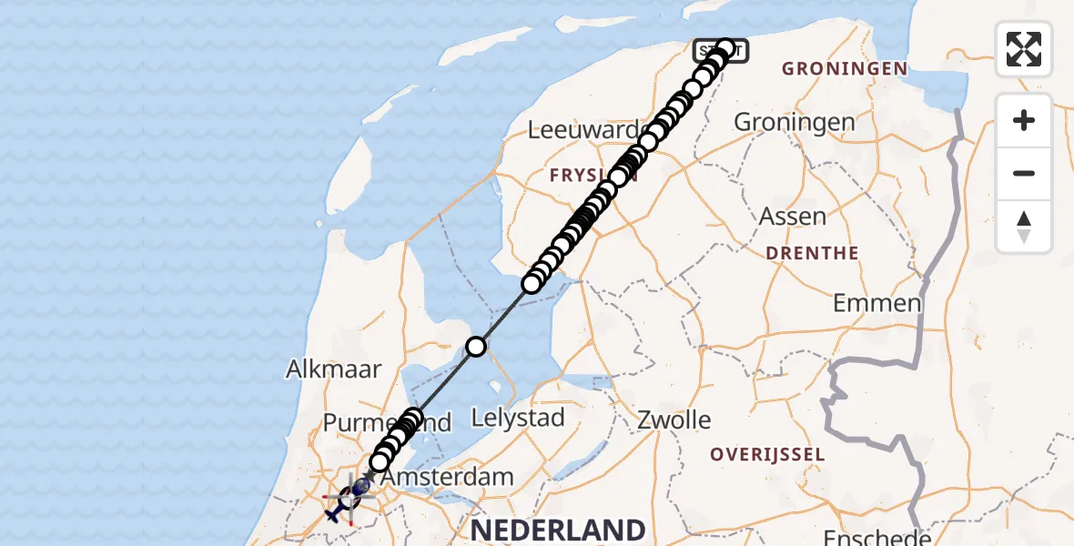 Vluchtroute Politiehelikopter van Lauwersoog naar Amsterdam Vliegveld Schiphol