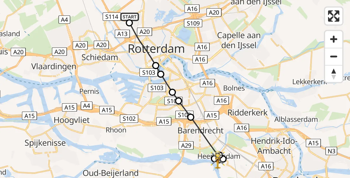Vluchtroute Traumahelikopter van Rotterdam The Hague Airport naar Heerjansdam