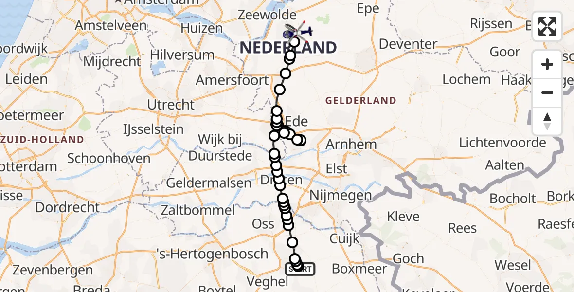 Vluchtroute Politiehelikopter van Vliegbasis Volkel naar Ermelo