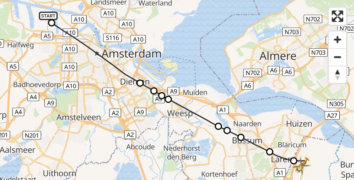 Vluchtroute Traumahelikopter van Amsterdam Heliport naar Eemnes