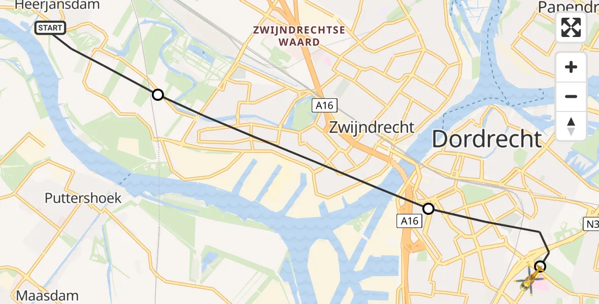 Vluchtroute Traumahelikopter van Heerjansdam naar Albert Schweitzer Hospital Dordrecht Heliport