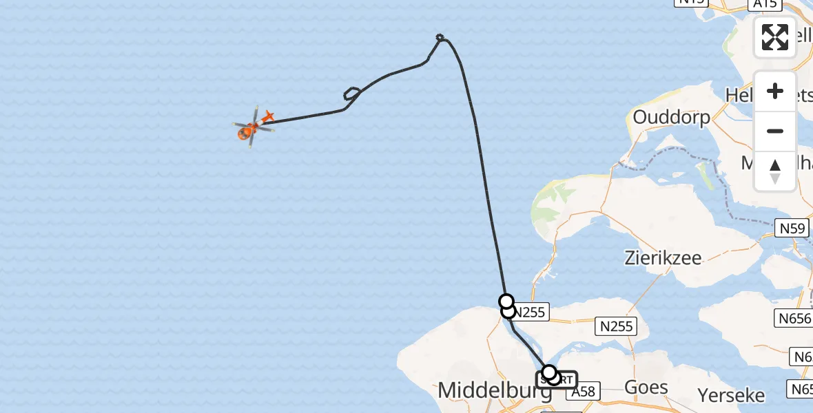 Vluchtroute Kustwachthelikopter van Vliegveld Midden-Zeeland naar Noordzee