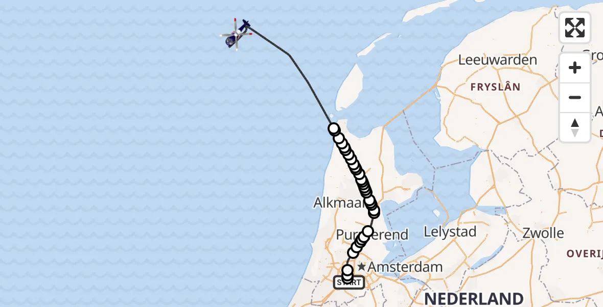 Vluchtroute Politiehelikopter van Amsterdam Vliegveld Schiphol naar Noordzee