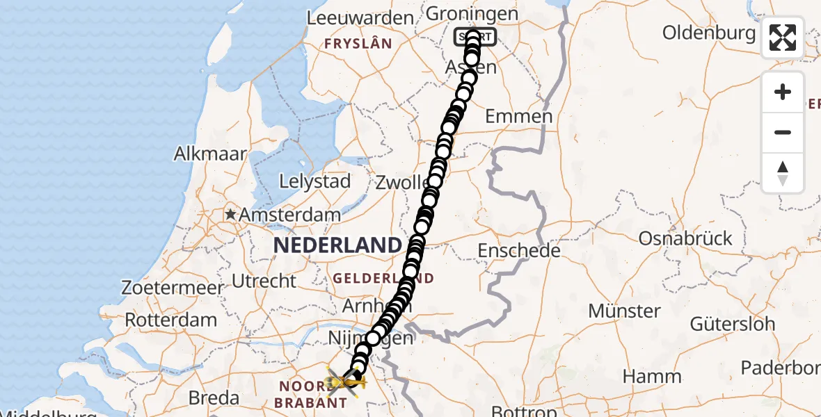 Vluchtroute Traumahelikopter van Groningen Airport Eelde naar Vliegbasis Volkel