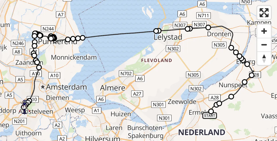 Vluchtroute Politiehelikopter van Ermelo naar Amsterdam Vliegveld Schiphol