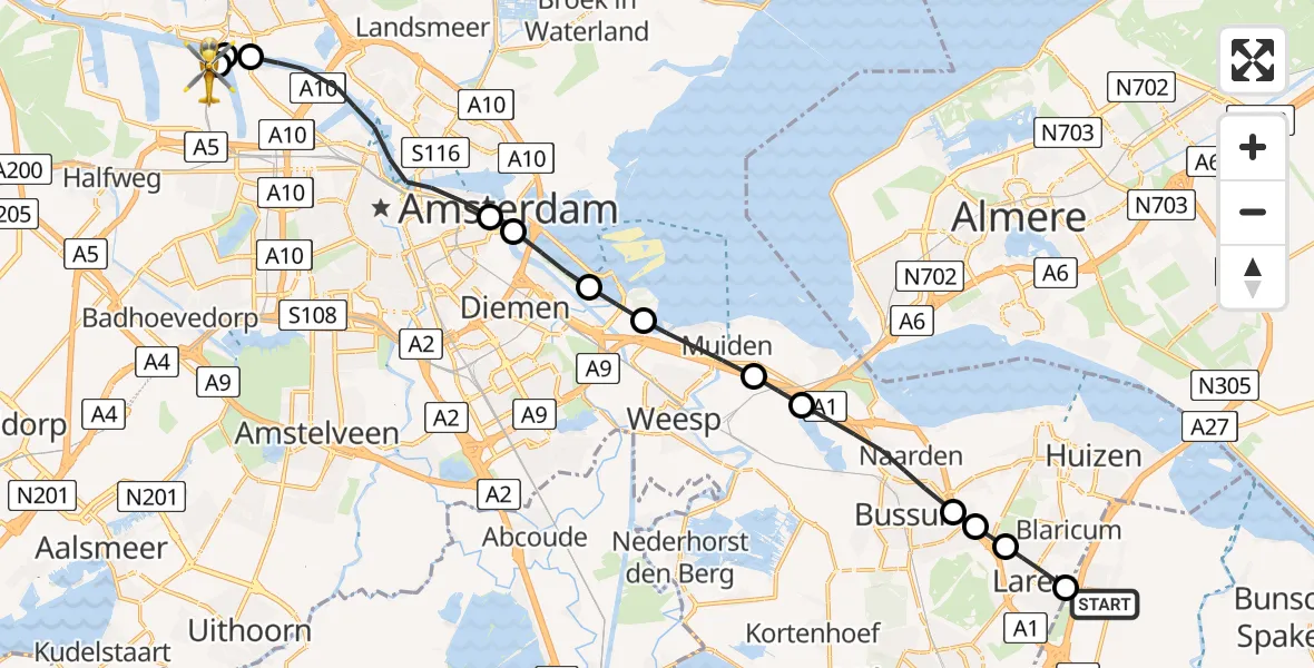 Vluchtroute Traumahelikopter van Eemnes naar Amsterdam Heliport