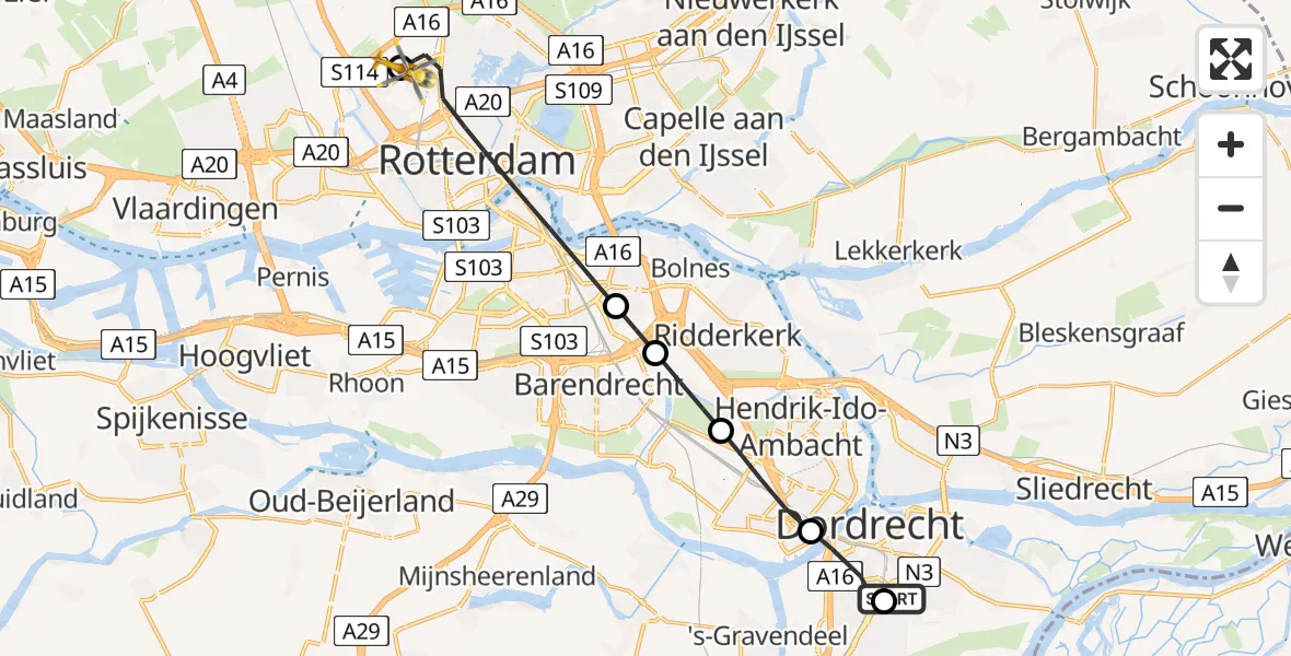 Vluchtroute Traumahelikopter van Albert Schweitzer Hospital Dordrecht Heliport naar Rotterdam The Hague Airport