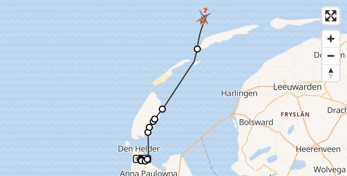 Vluchtroute Kustwachthelikopter van Militair vliegveld De Kooy / Den Helder Airport naar Noordzee