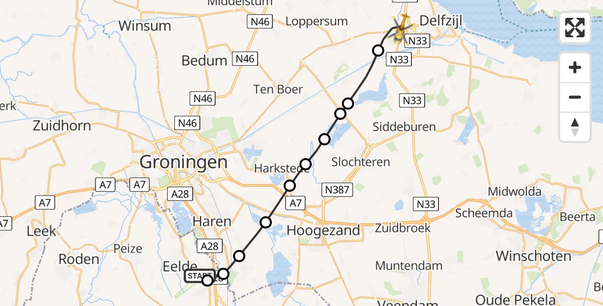 Vluchtroute Traumahelikopter van Groningen Airport Eelde naar Appingedam