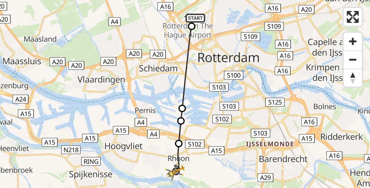 Vluchtroute Traumahelikopter van Rotterdam The Hague Airport naar Poortugaal
