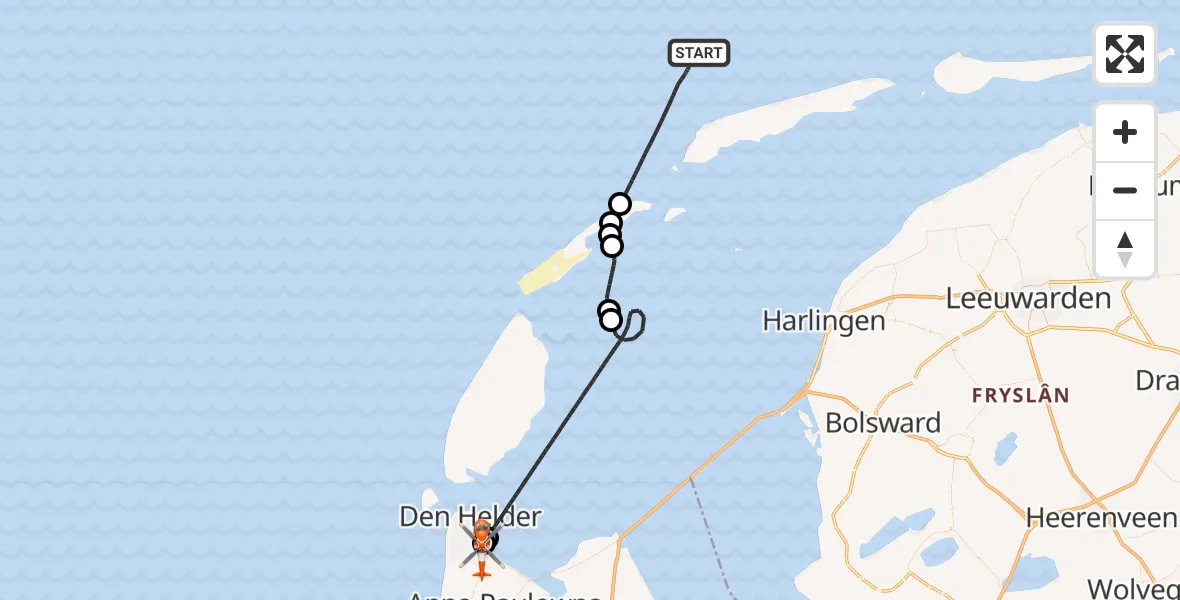 Vluchtroute Kustwachthelikopter van Noordzee naar Militair vliegveld De Kooy / Den Helder Airport