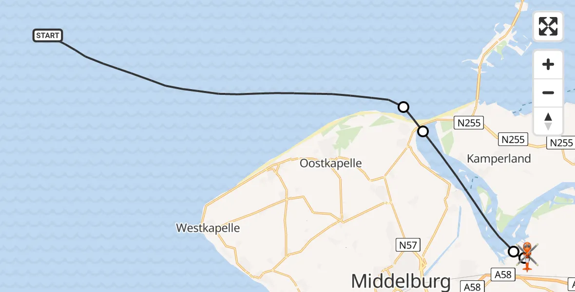 Vluchtroute Kustwachthelikopter van Noordzee naar Vliegveld Midden-Zeeland