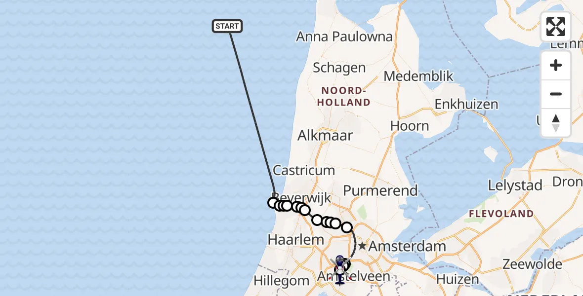 Vluchtroute Politiehelikopter van Noordzee naar Amsterdam Vliegveld Schiphol