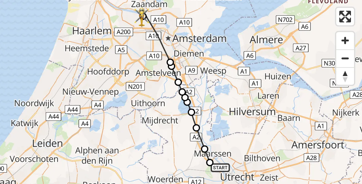Vluchtroute Traumahelikopter van Utrecht naar Amsterdam Heliport