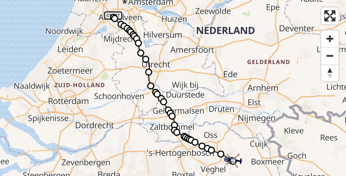 Vluchtroute Politiehelikopter van Amsterdam Vliegveld Schiphol naar Vliegbasis Volkel