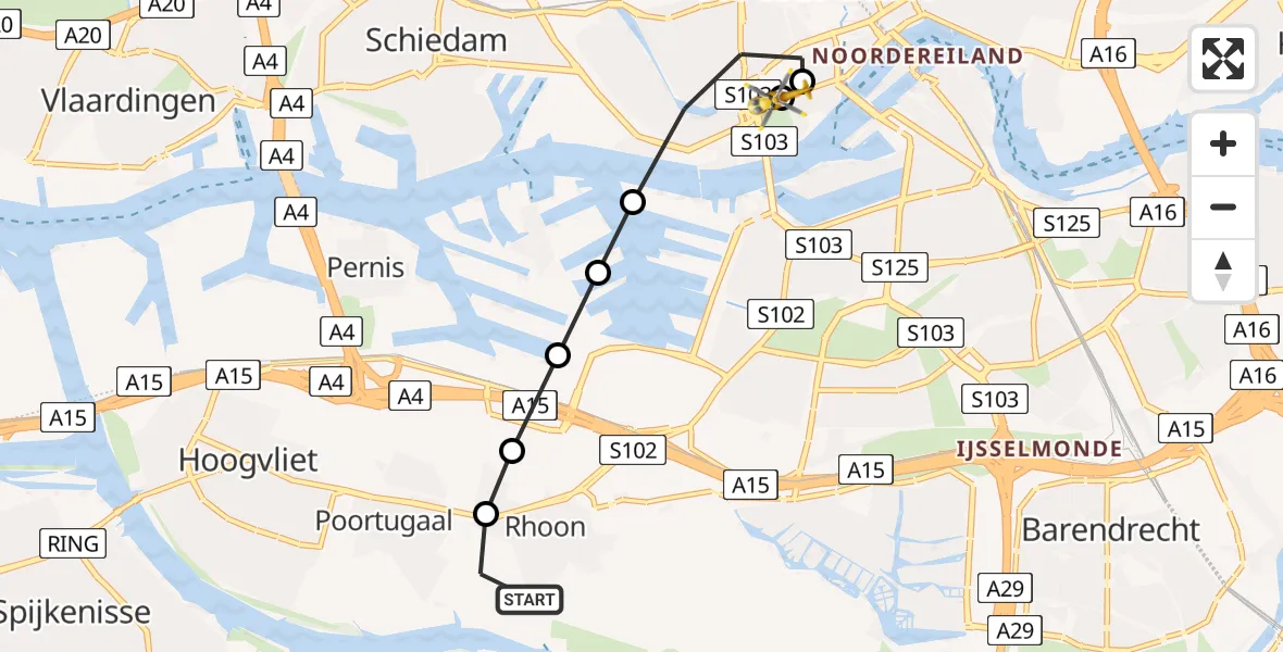 Vluchtroute Traumahelikopter van Poortugaal naar Leids Universitair Medisch Centrum (LUMC)