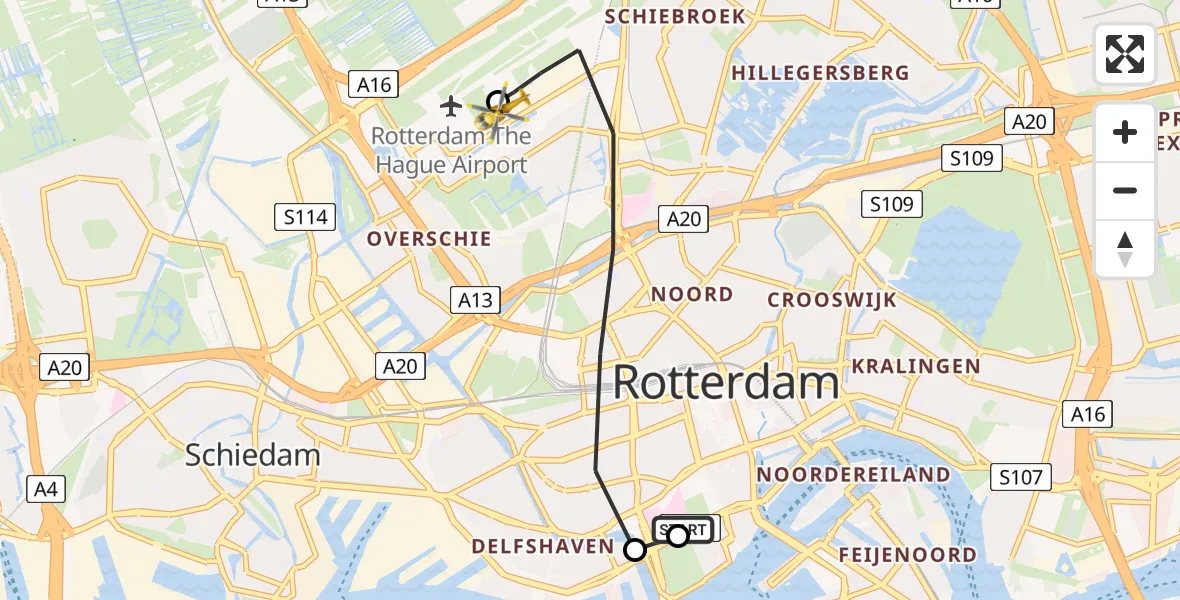 Vluchtroute Traumahelikopter van Leids Universitair Medisch Centrum (LUMC) naar Rotterdam The Hague Airport