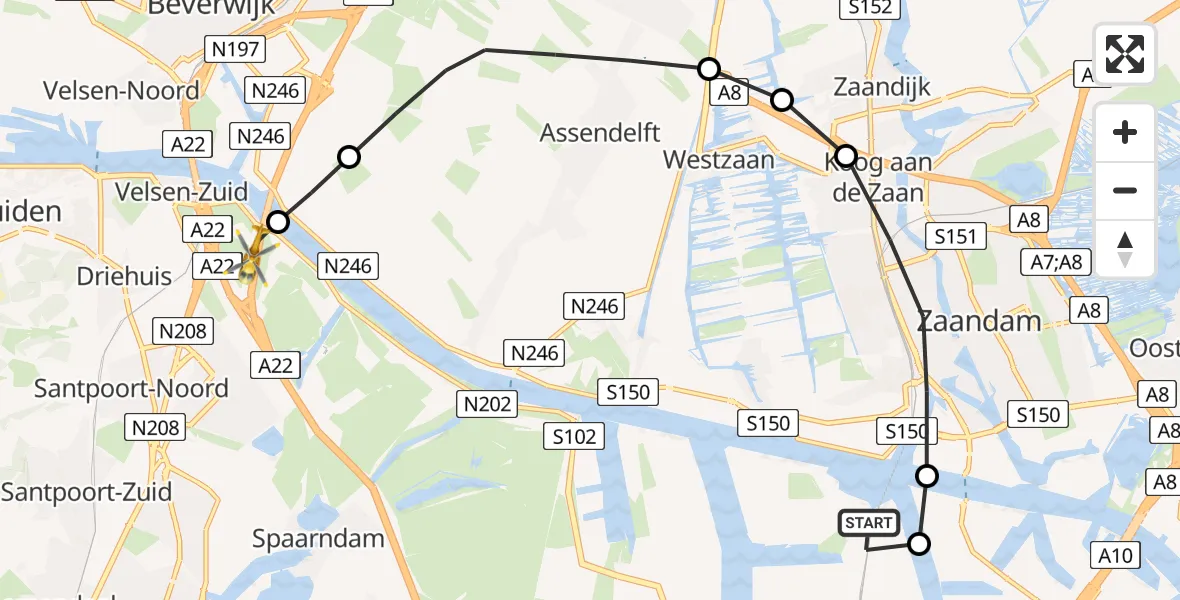 Vluchtroute Traumahelikopter van Amsterdam Heliport naar Velsen-Zuid